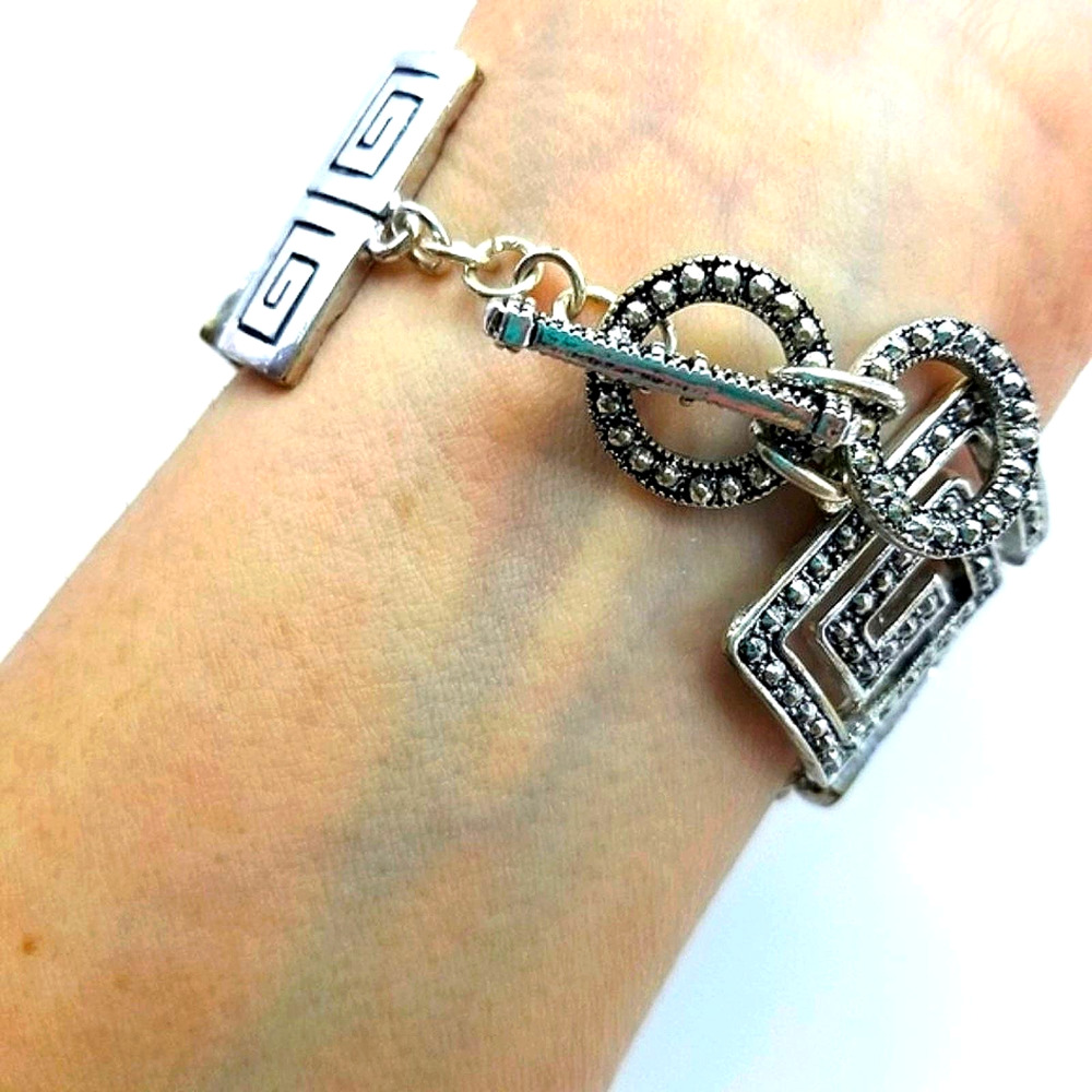 Greek Keysquare Bracelet Chunky Silvertone & Black Spiral Link T-Bar Closure - Picture 2 of 14